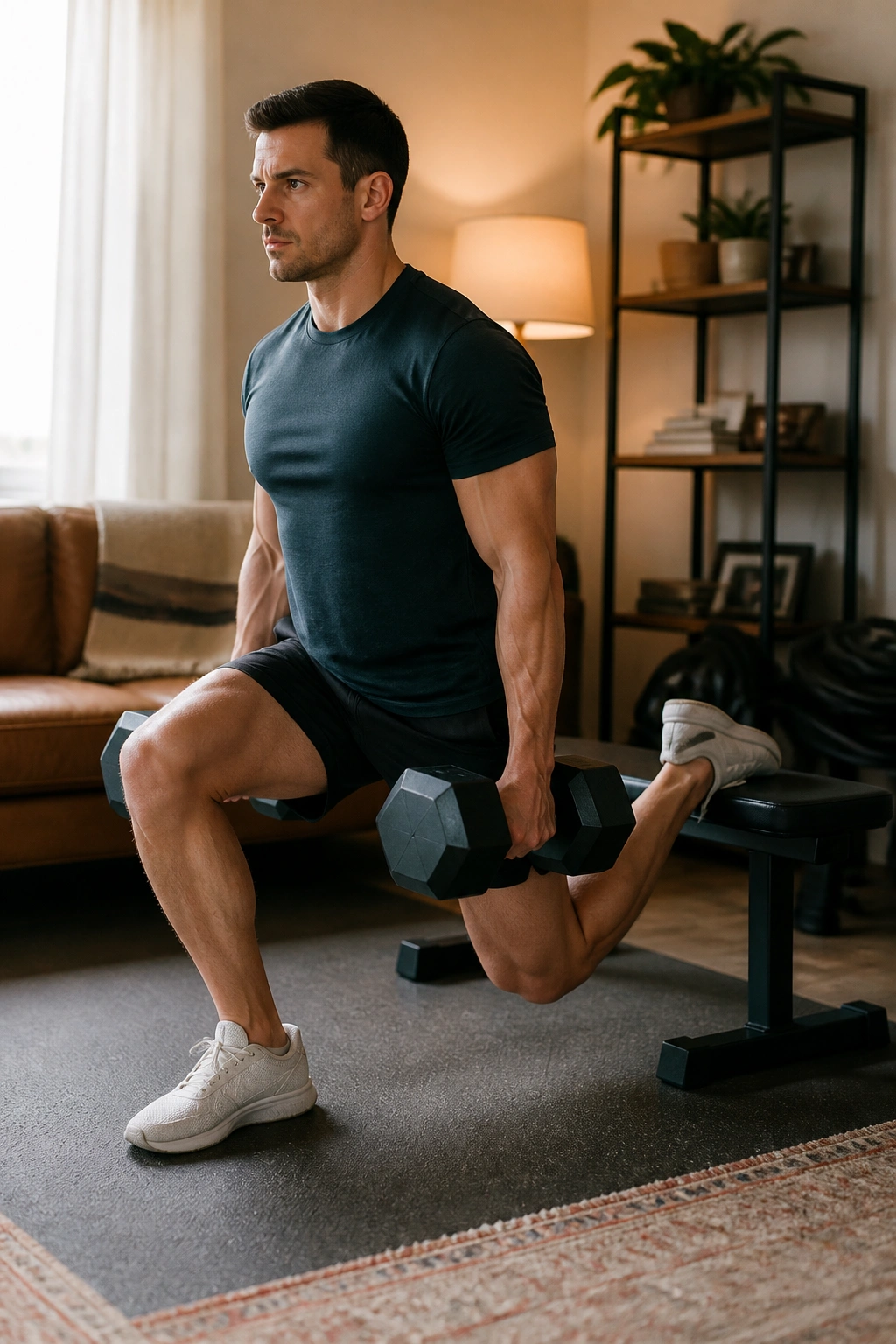 Person doing Bulgarian split squat at home with dumbbells in a small corner
