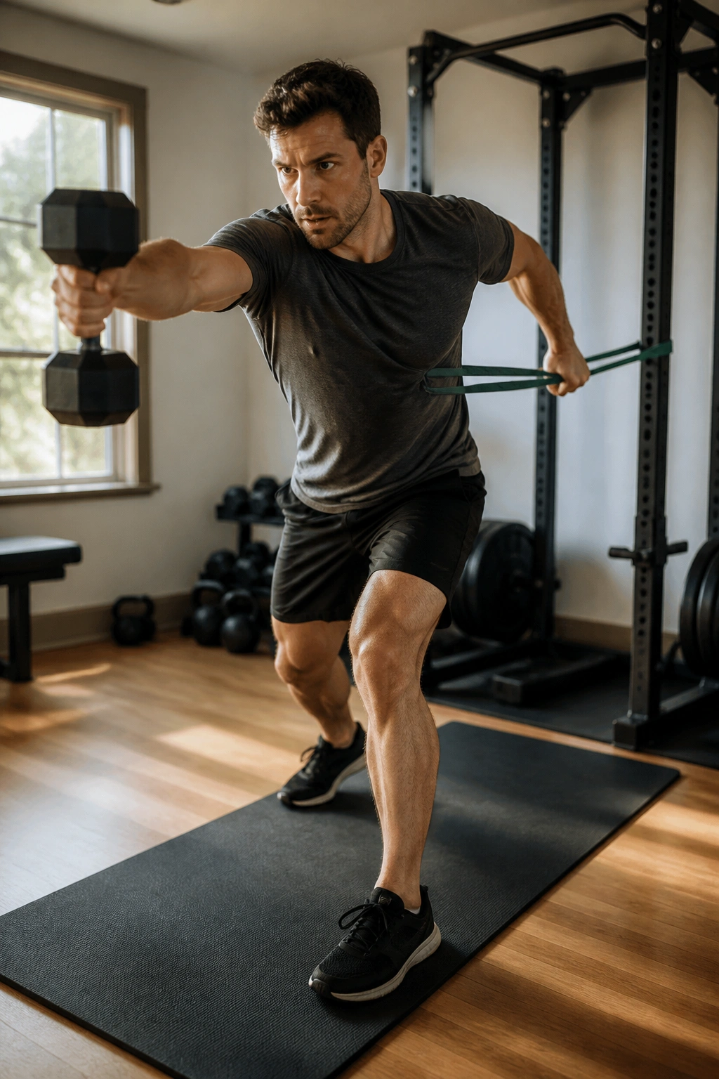 Person performing a fast full-body circuit in a small home gym.