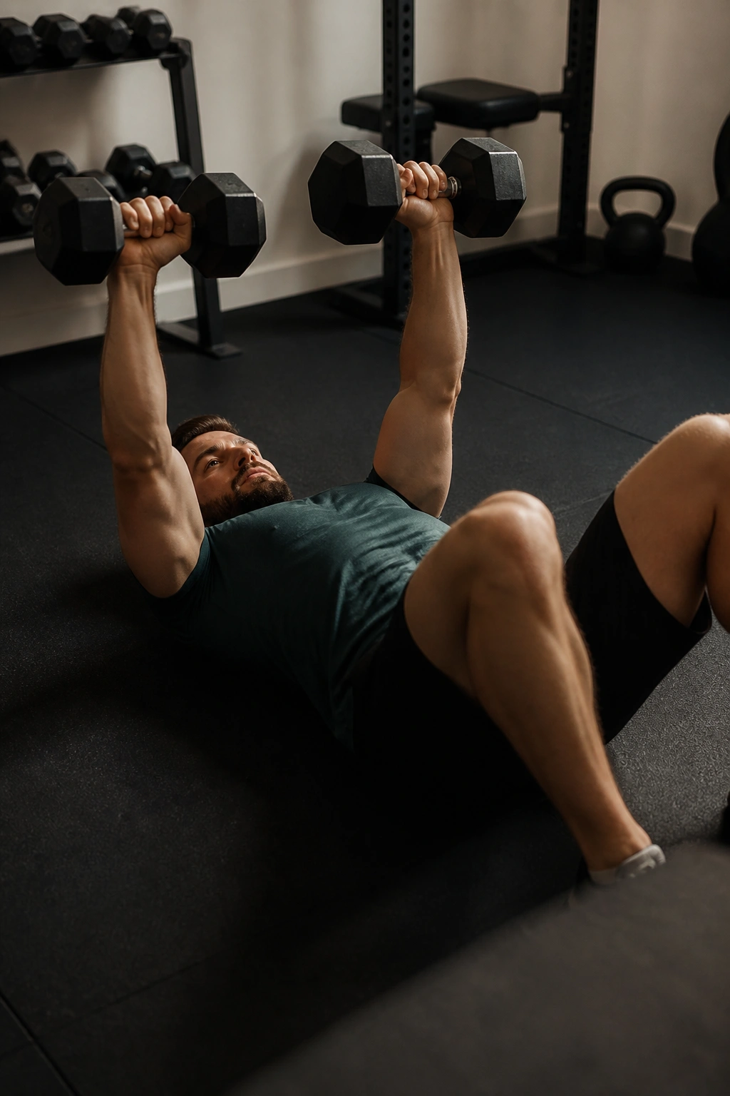 Real person performing floor dumbbell press in a compact home gym