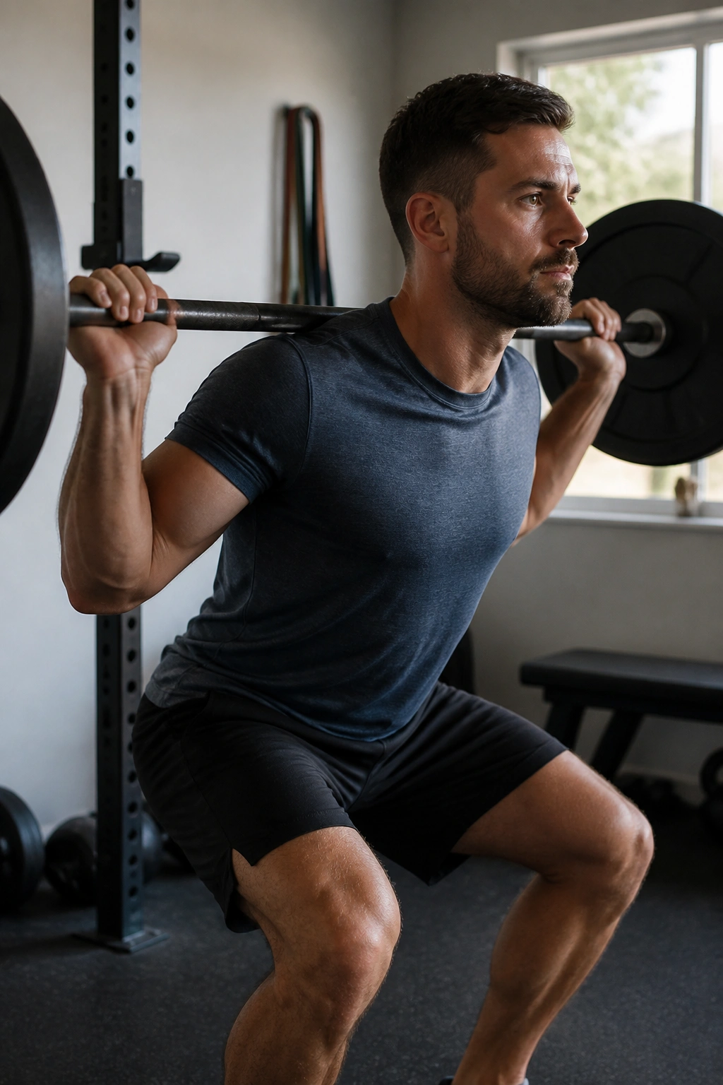 Medium-close shot of a person lifting a barbell in a home gym