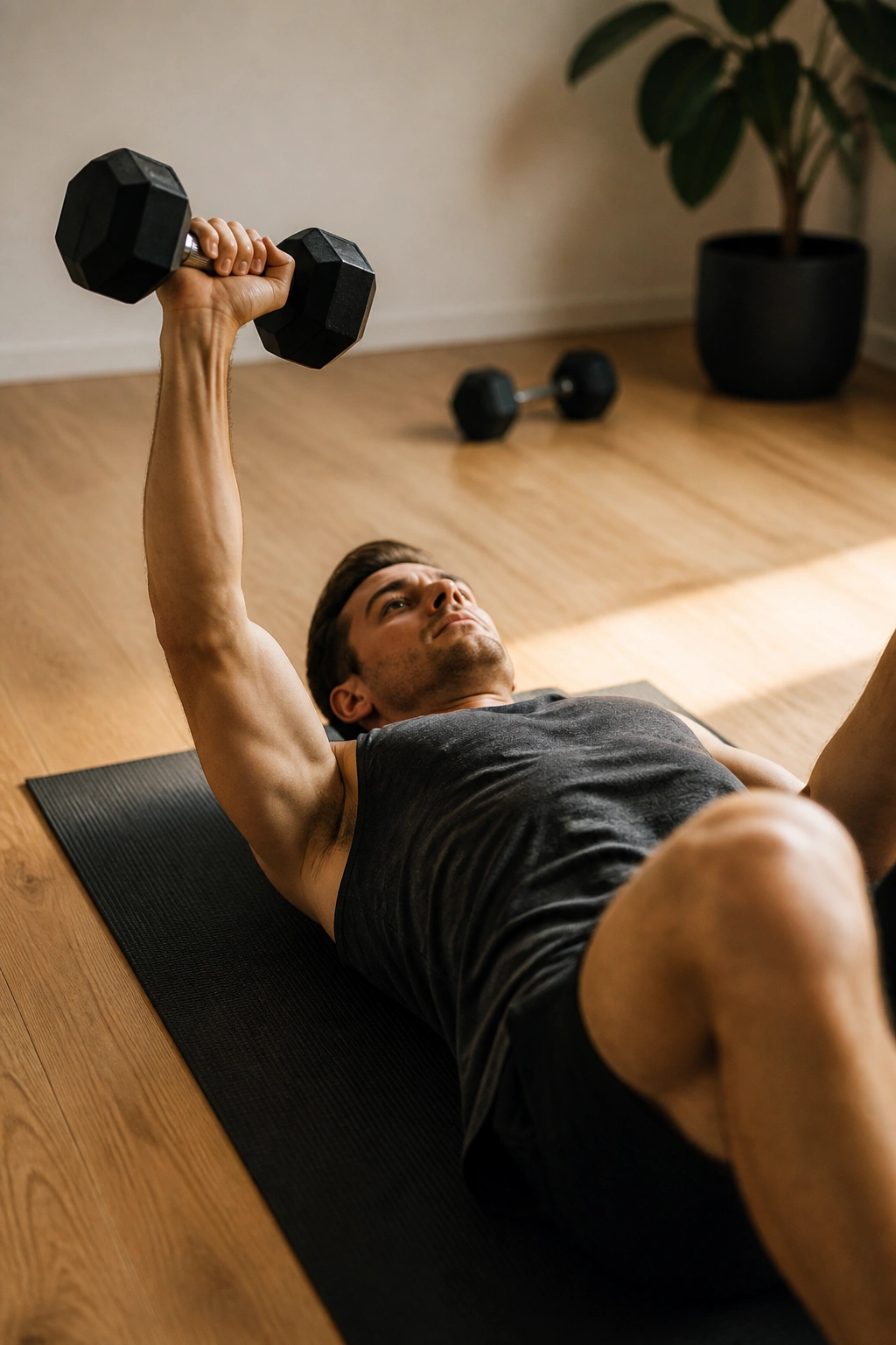 Person doing dumbbell floor press in minimalist home gym