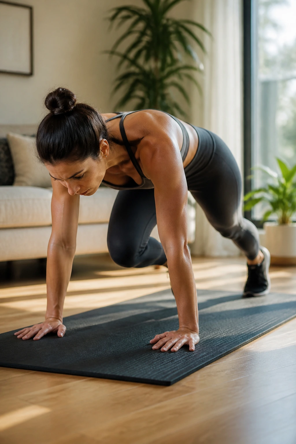 Real person doing mountain climbers on a yoga mat in a sunlit living room