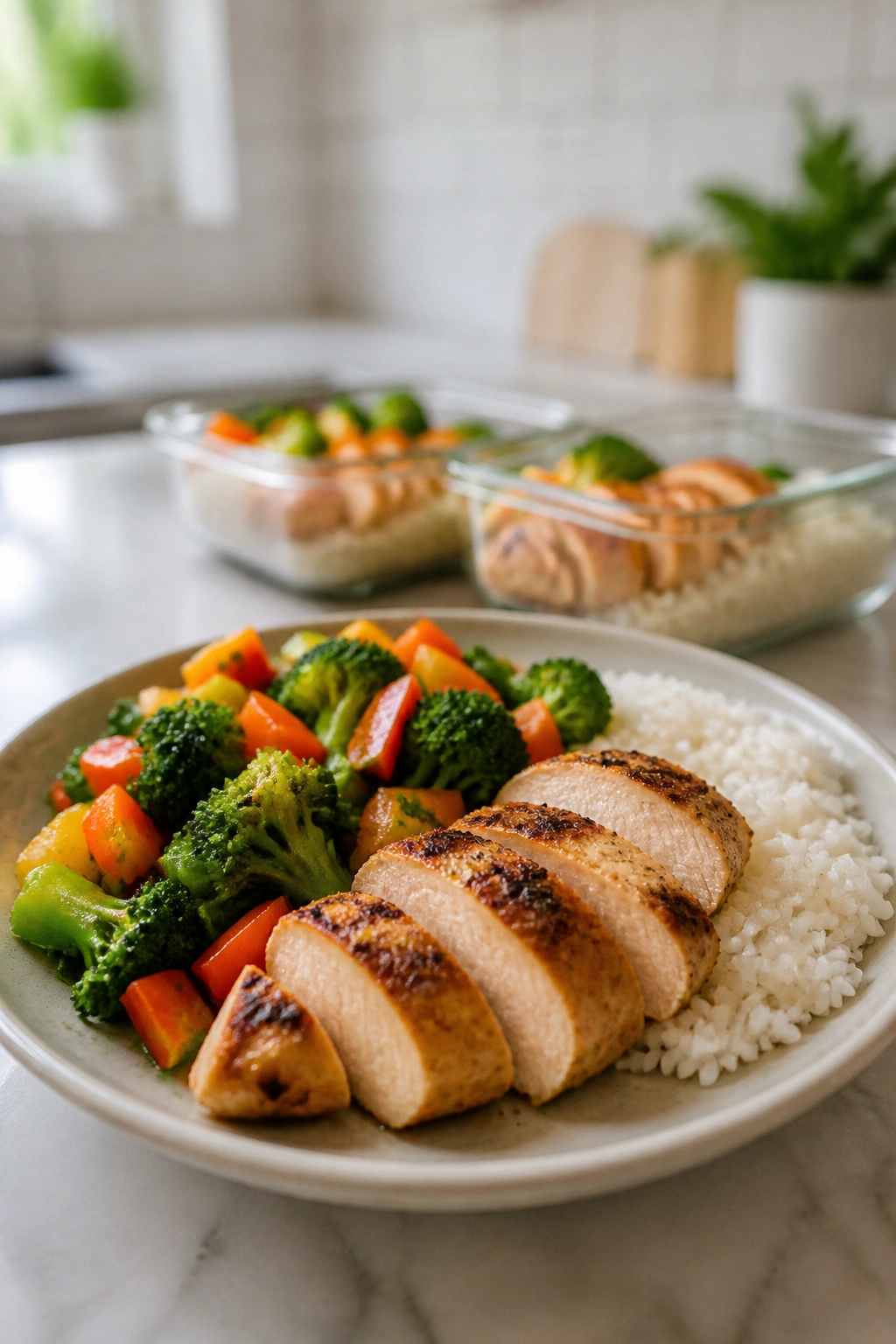 Close-up of a home-cooked meal plate with chicken, rice, and vegetables.