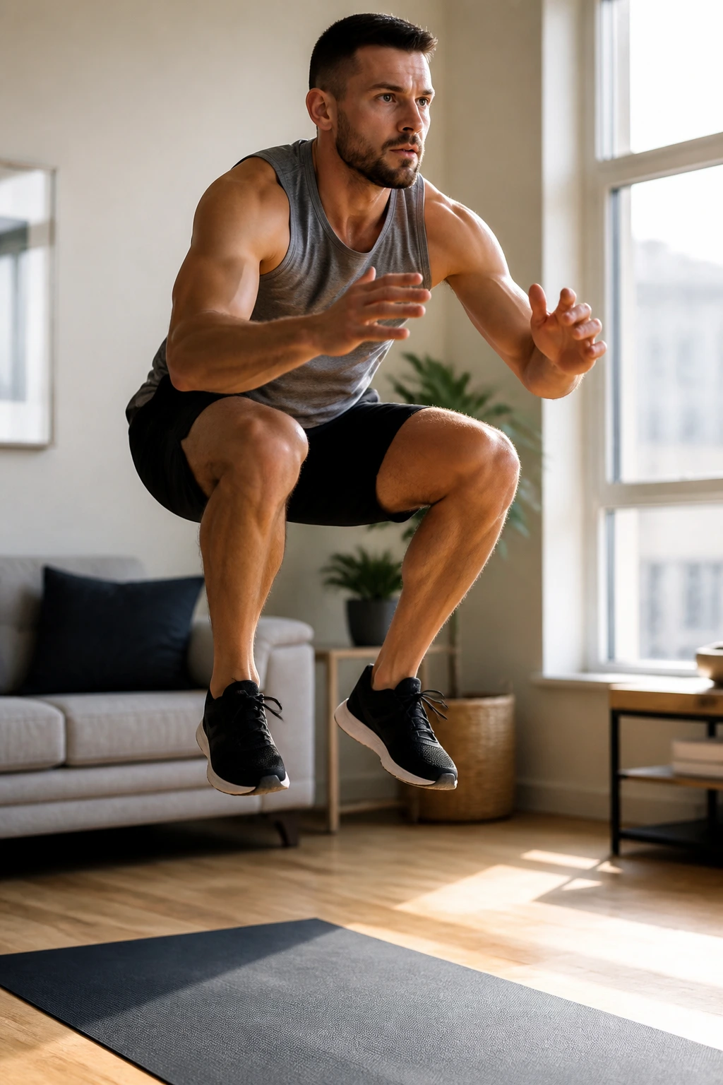 Real person performing a squat jump on a yoga mat in a sunlit home living room