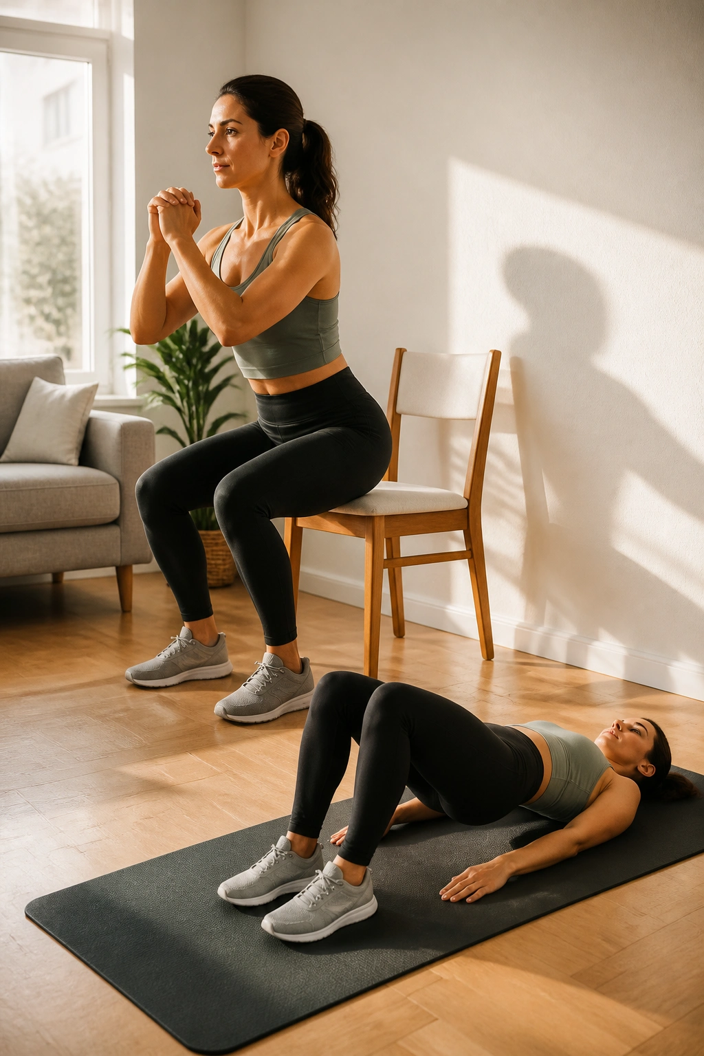 Person performing chair squats in a home living room with chair and wall visible