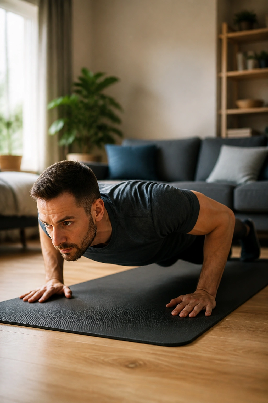 Person doing push-up on a mat in a home setting
