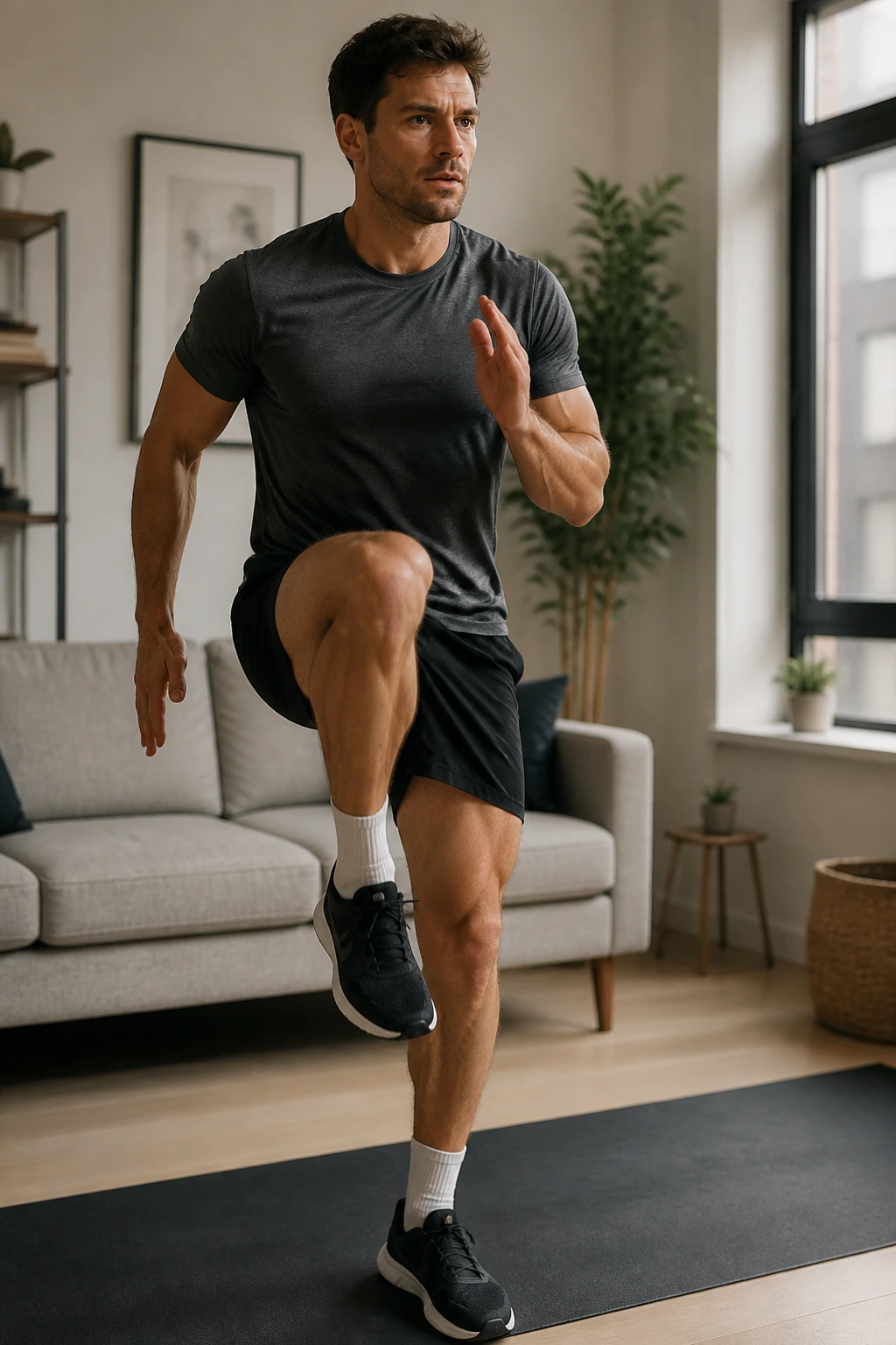 Medium-close shot of a person performing marching high knees in a quiet apartment with natural light