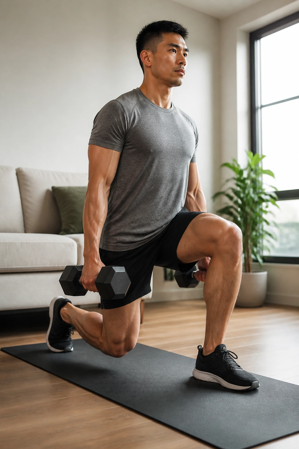 Person performing split squats with dumbbells at home