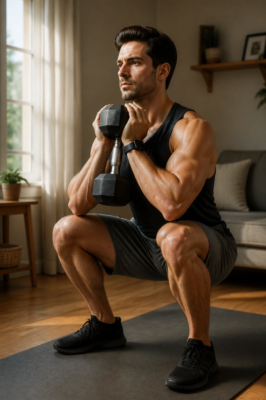 Close-up of a fit person performing a goblet squat in a cozy living room