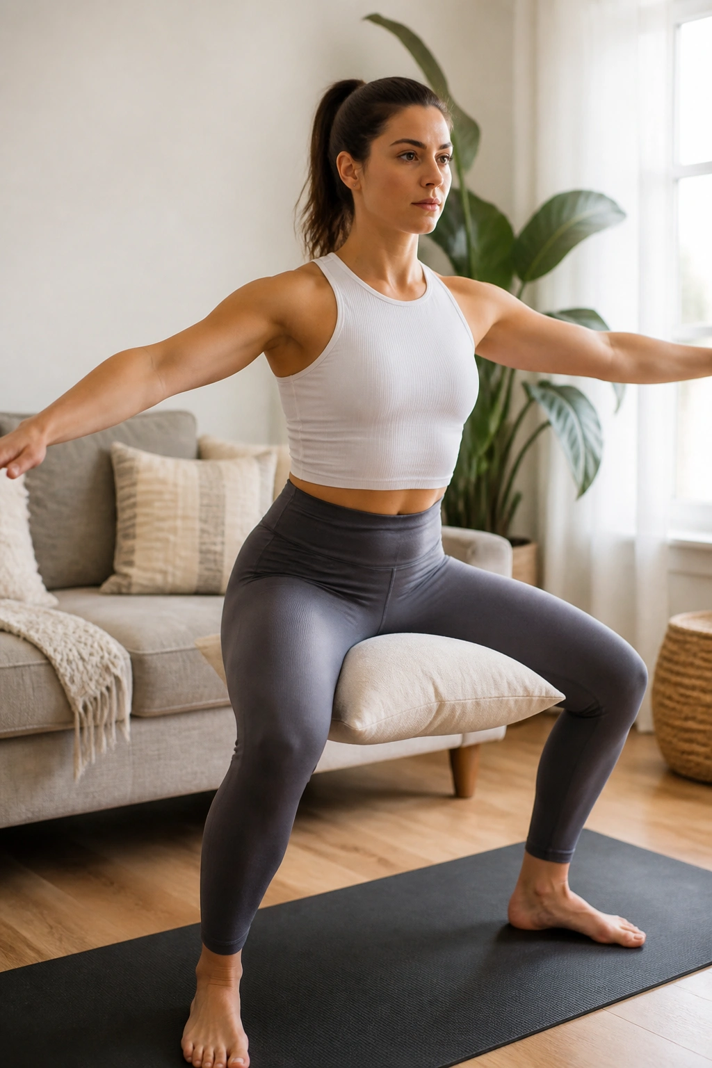 Person performing inner-thigh squeeze with a pillow between knees in a home setting.