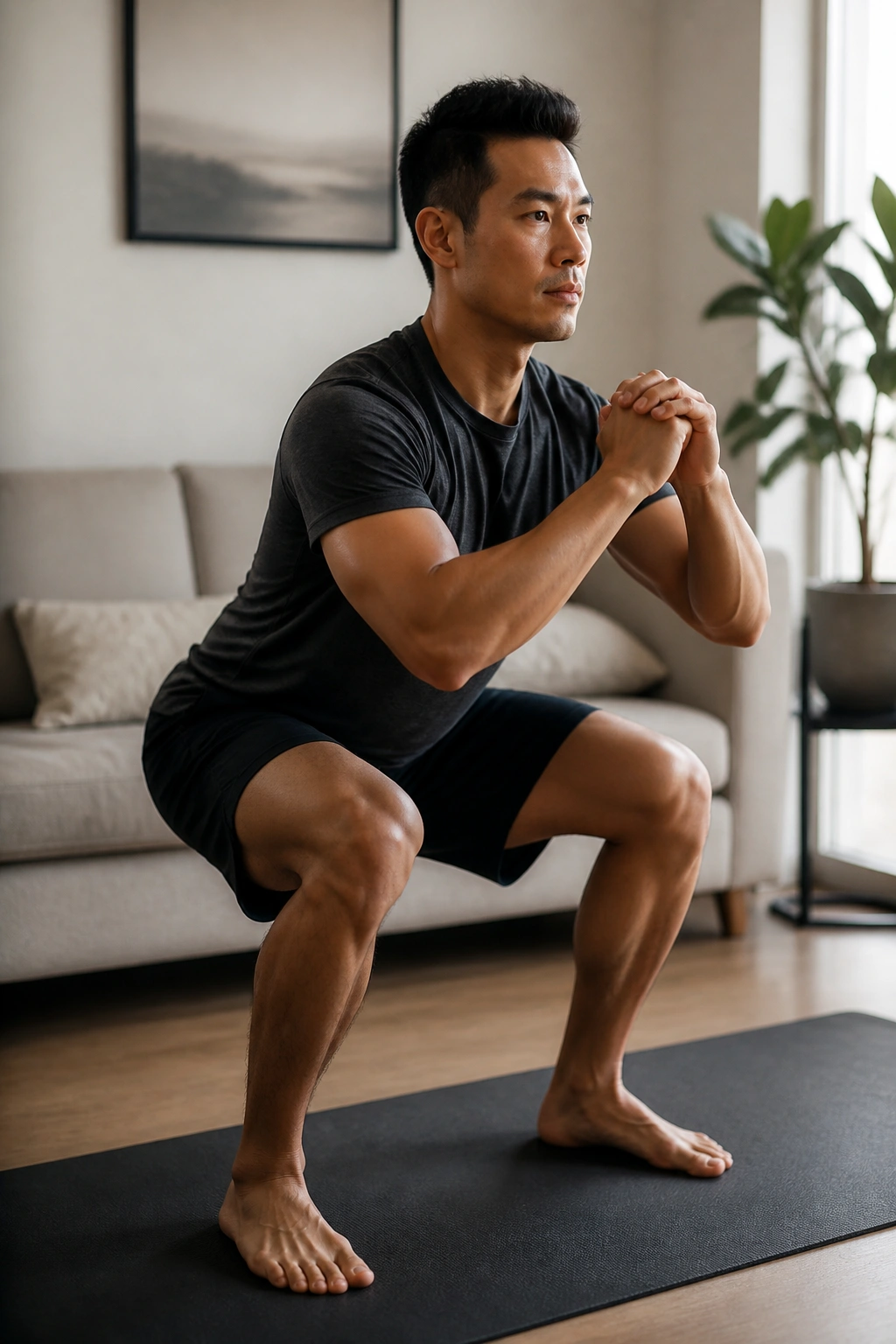 Person back from travel doing light squats at home