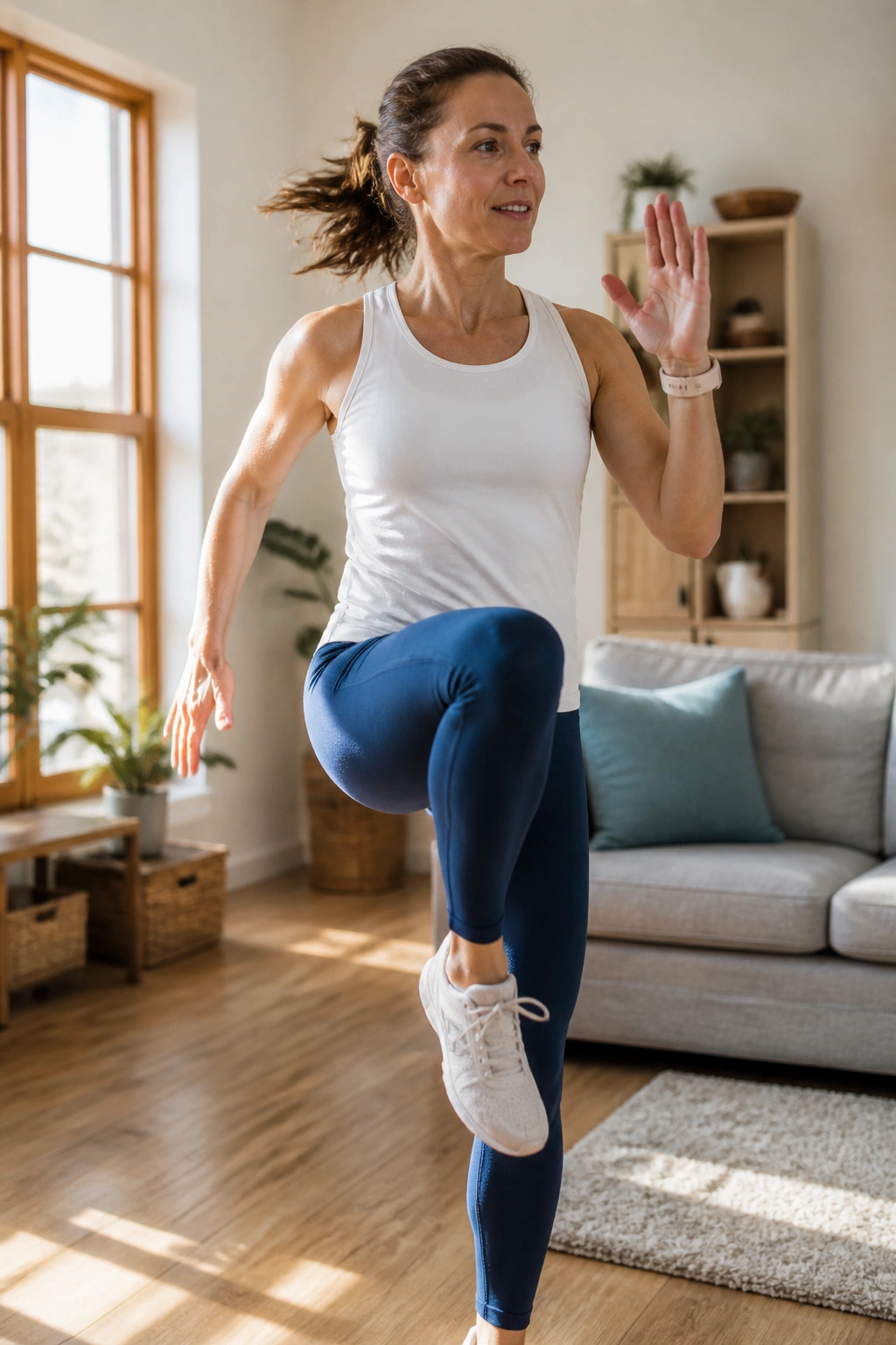 Medium close-up of a fit person marching with large arm swings in a sunlit living room during a quick full-body wake-up