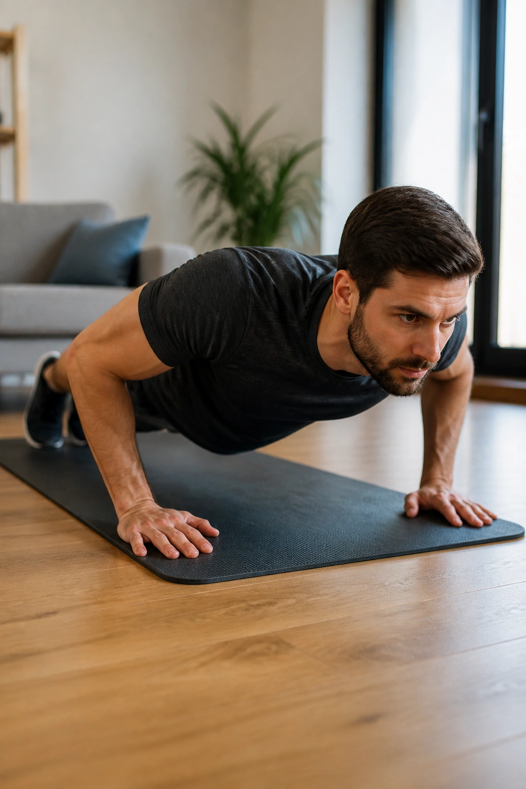 Real person performing push-ups on a mat at home