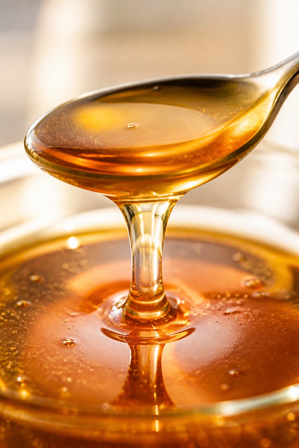 Close-up of honey on a spoon with maple syrup drizzle
