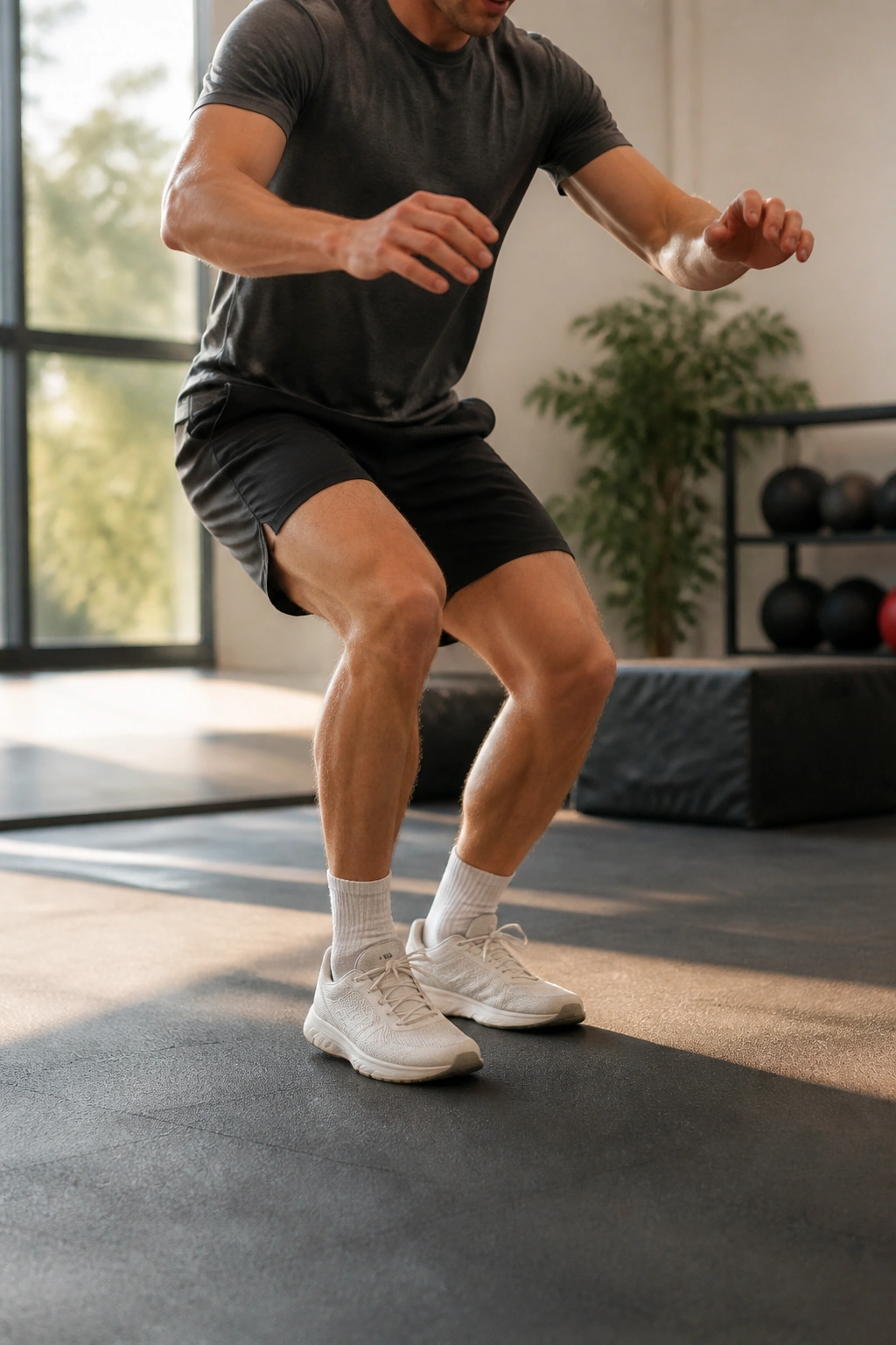 Real person performing hop-and-stop drills with a soft landing in a rehab gym