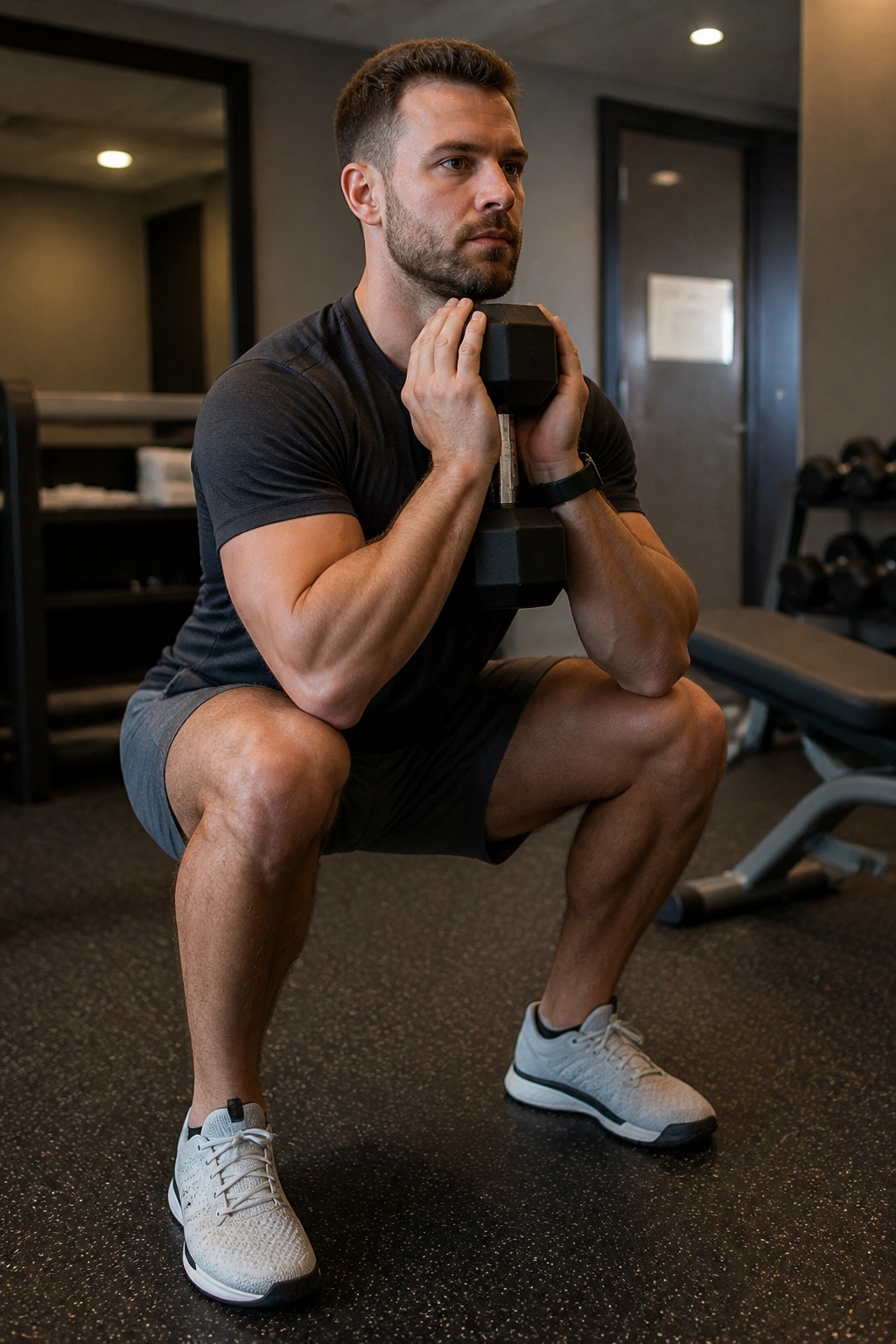 Person performing goblet squat with dumbbell in a hotel gym