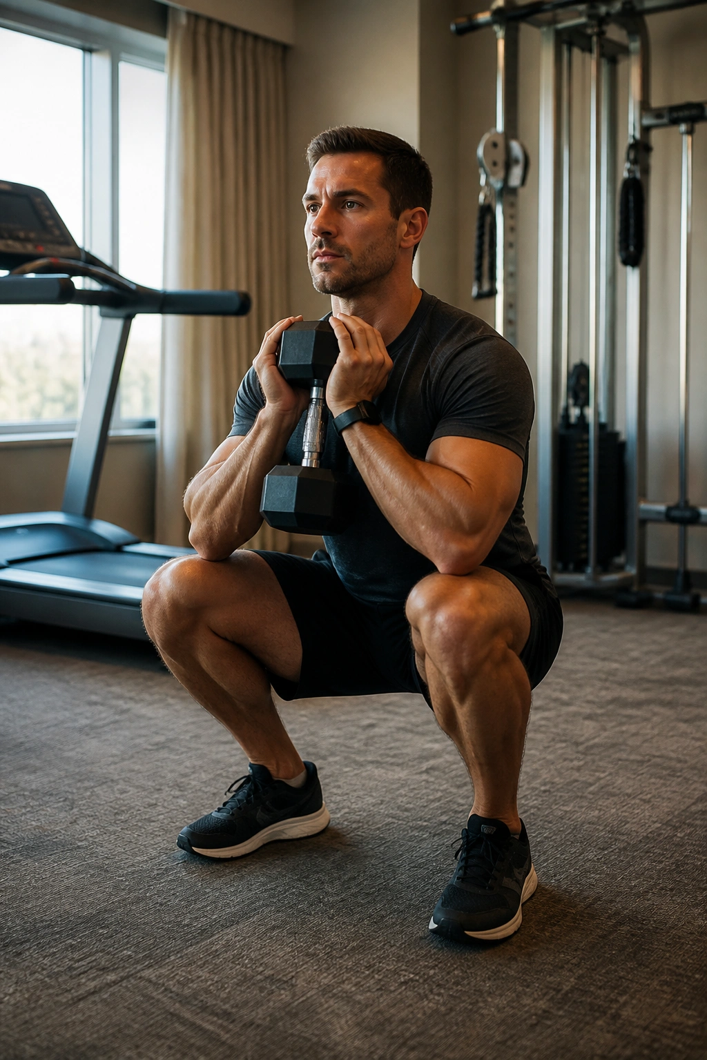 Person performing goblet squat in a hotel gym with warm light and gym equipment in the background