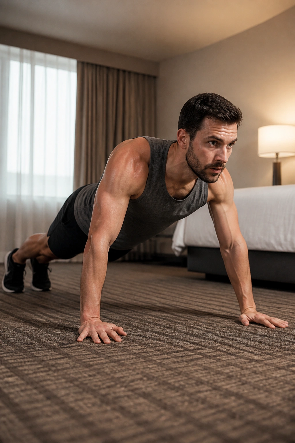 Medium-close portrait of a person doing a no-equipment bodyweight workout in a hotel room