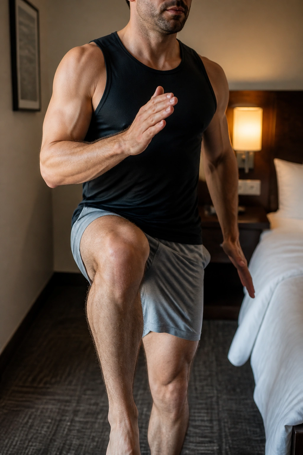 Close-up of a fit person performing standing march in a hotel room, core engaged