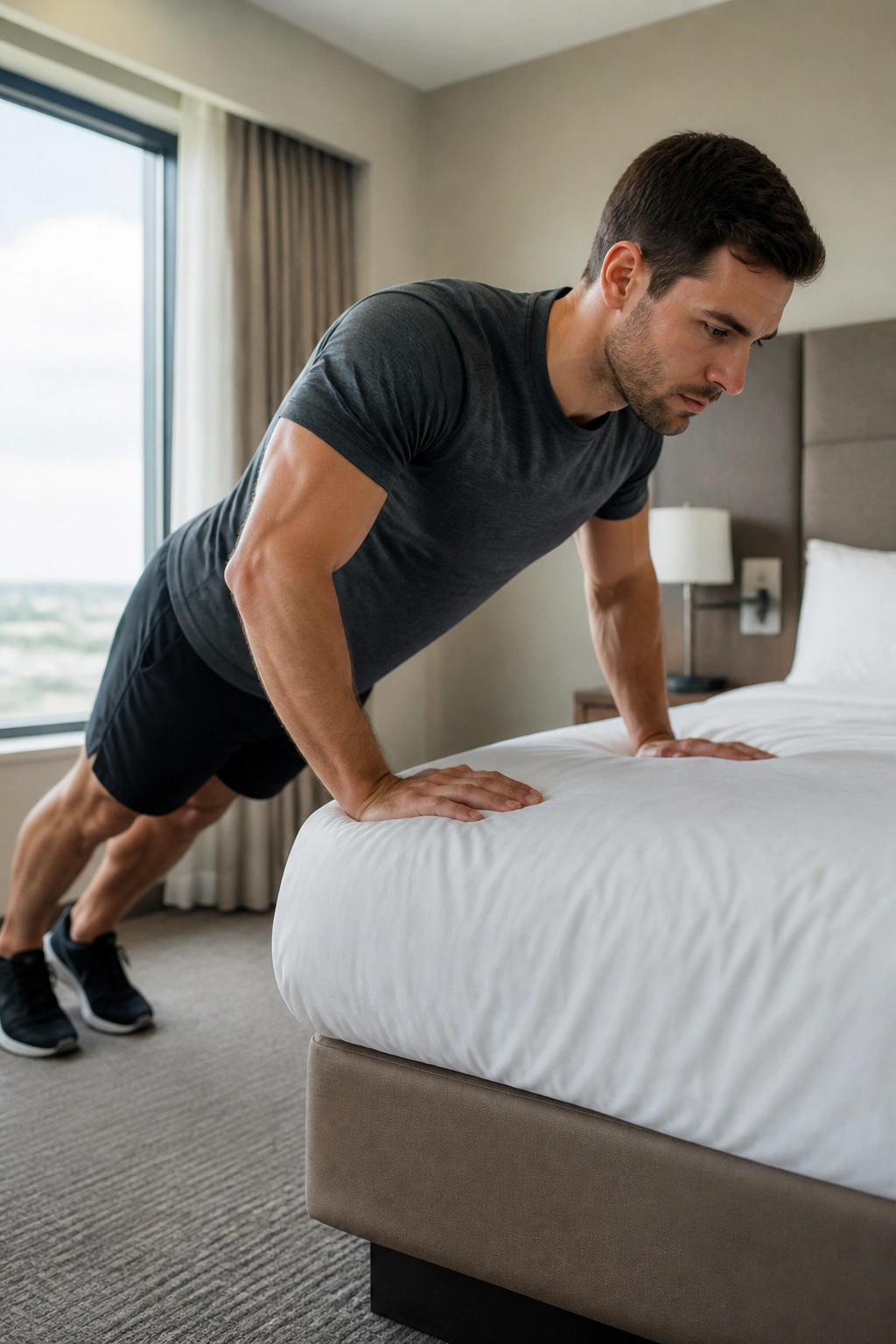 Real person doing incline push-ups on hotel bed edge in a room