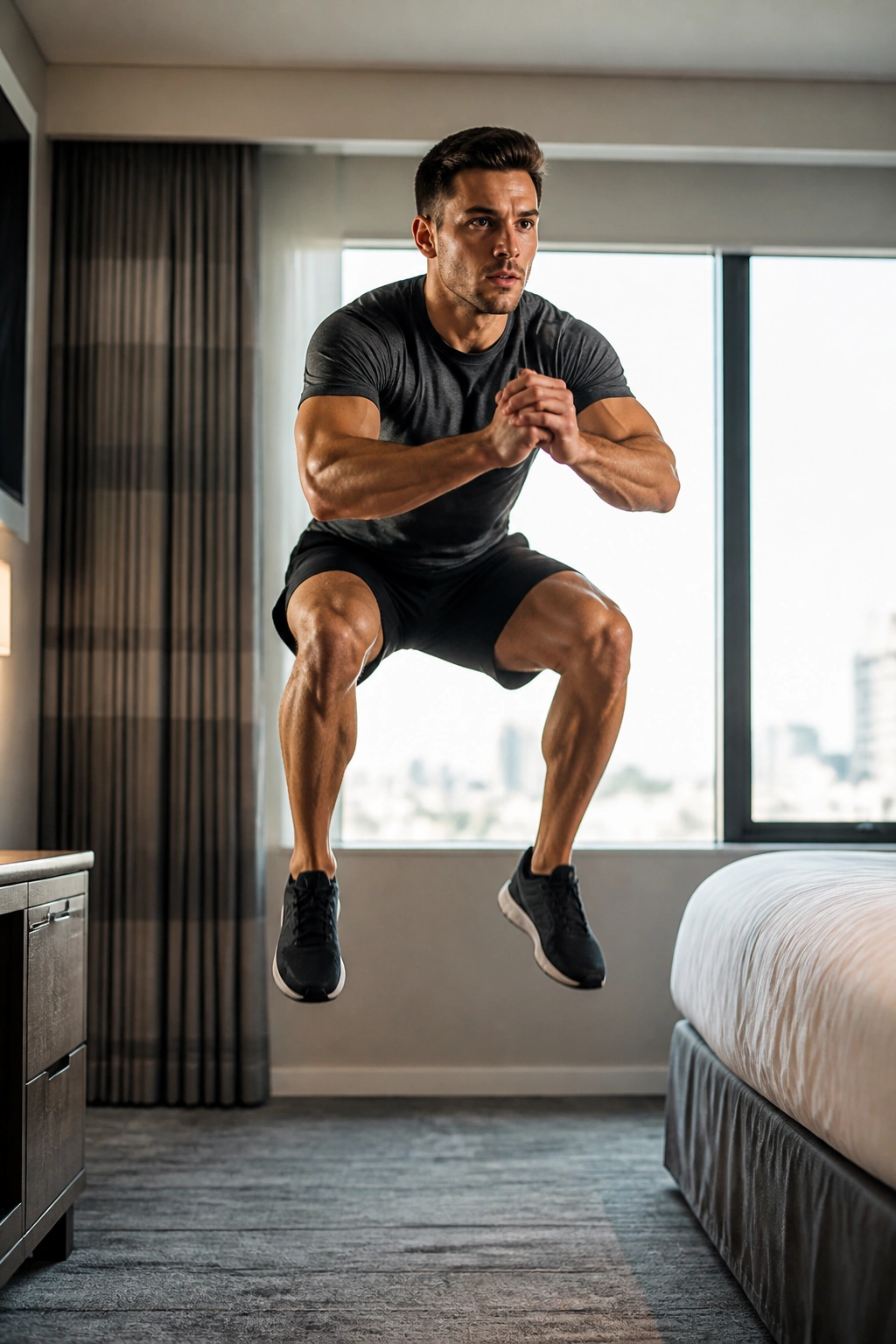 Person doing hotel-room jump squats in small space