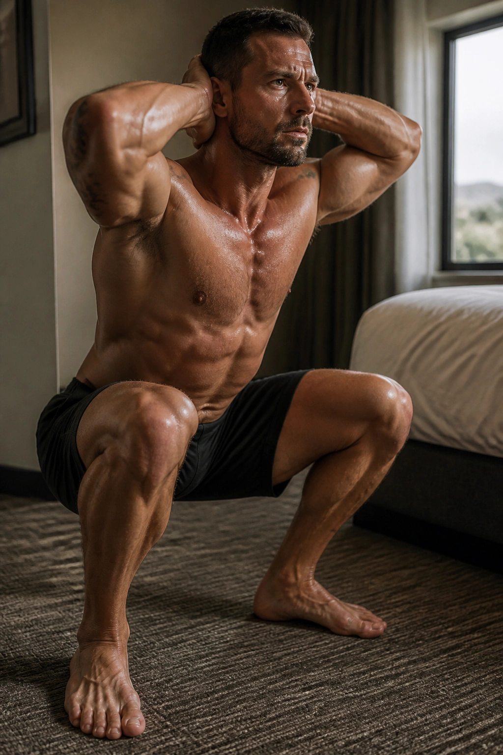 Close-up of a person performing a hotel-room bodyweight leg circuit in a small hotel room