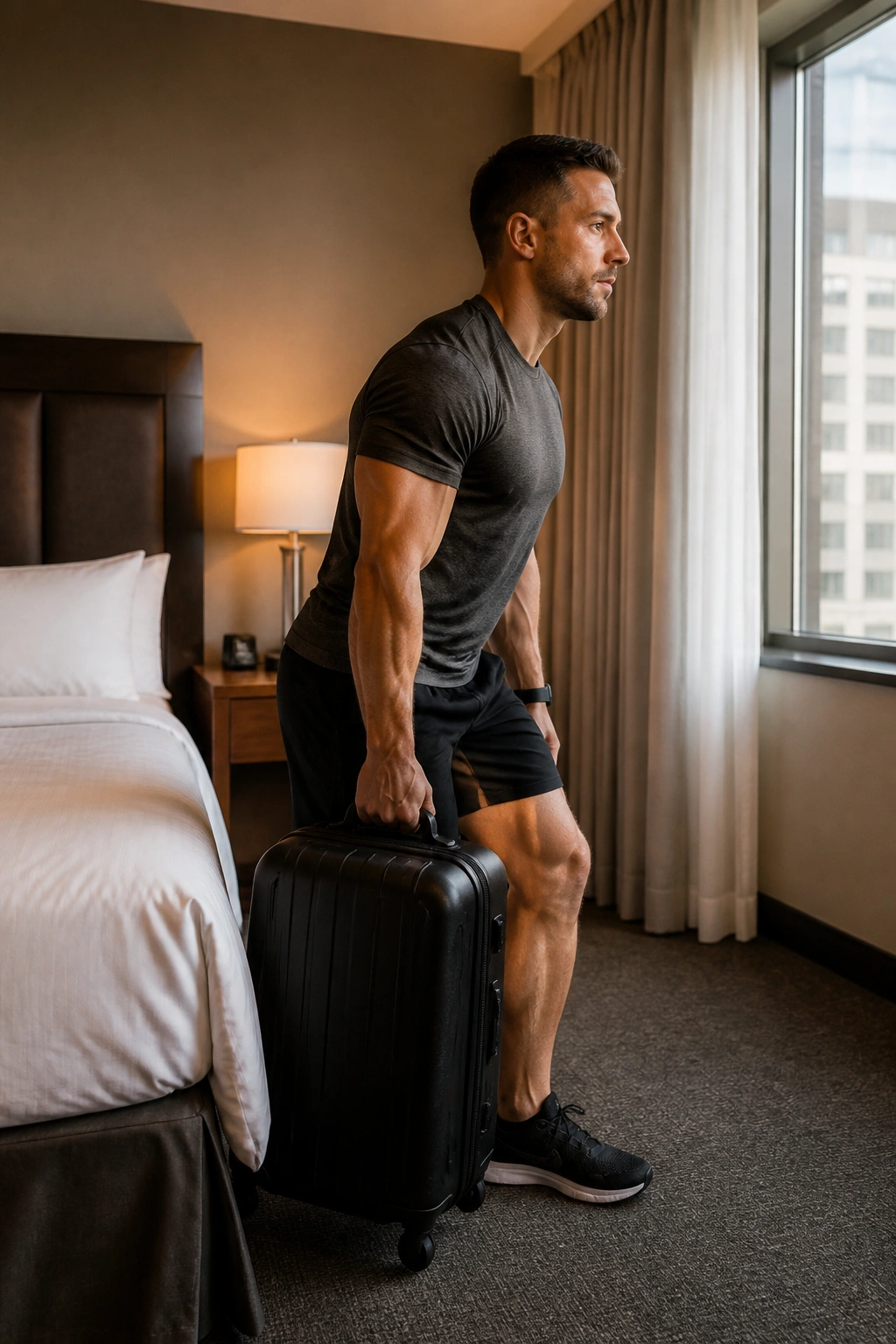Person in hotel room performing suitcase deadlift with luggage