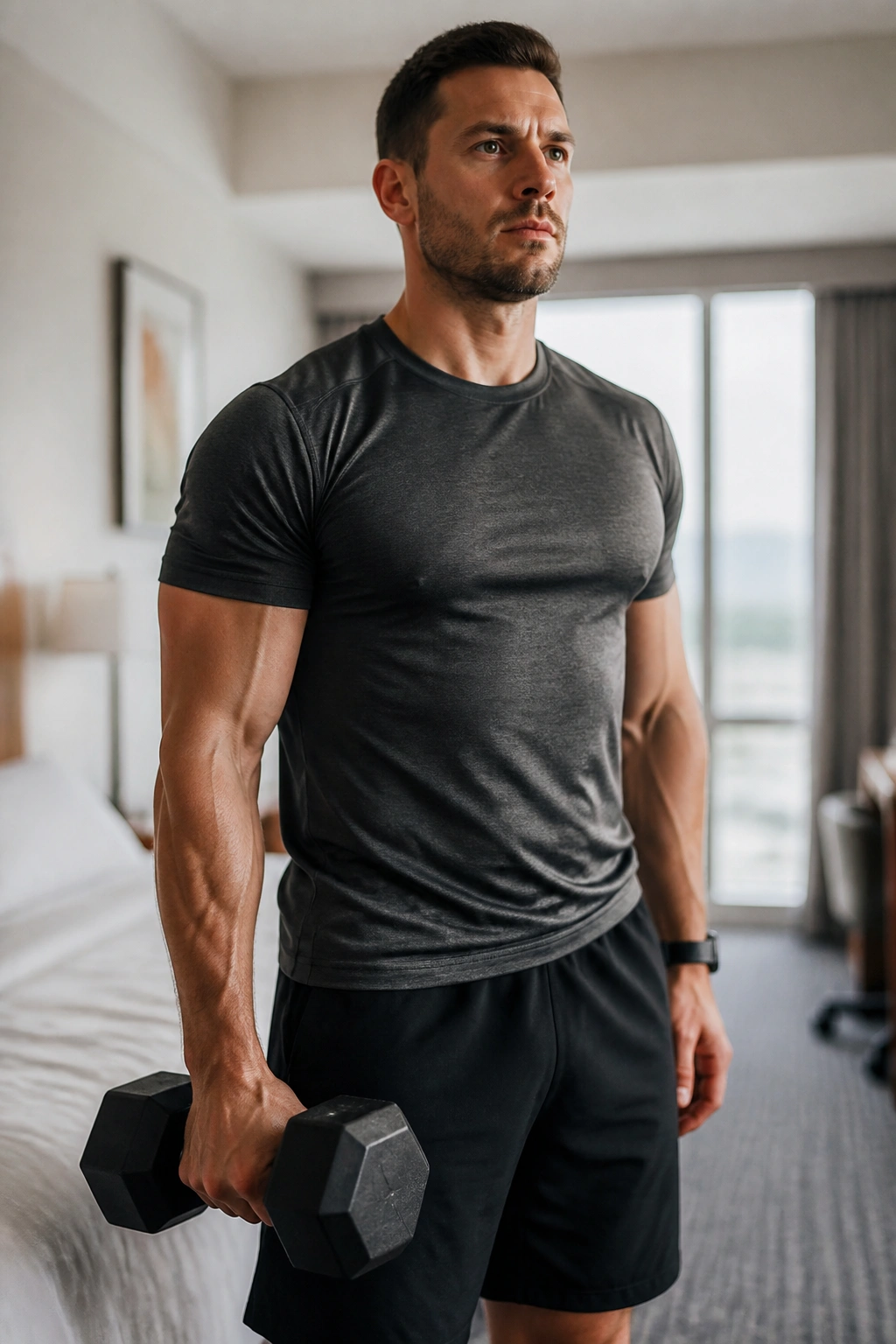 Real person performing suitcase carry with dumbbell in hotel room