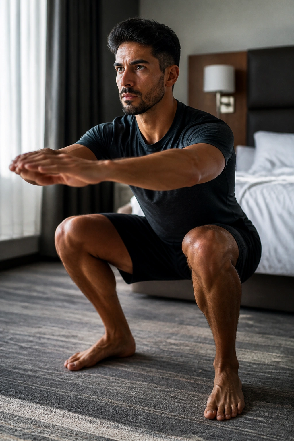 Close-up of a fit person performing air squats in a cramped hotel room as part of a bodyweight circuit