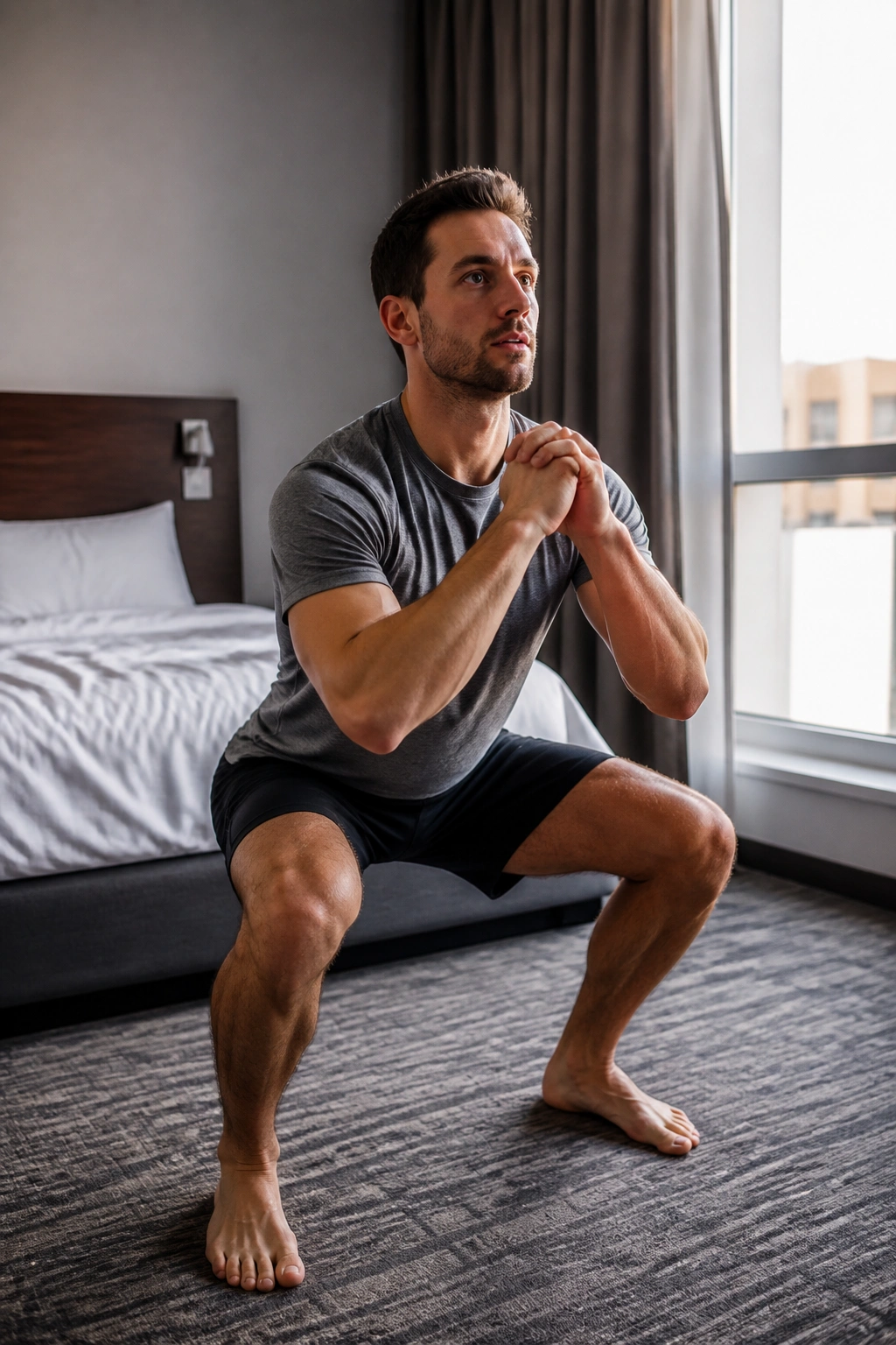 Person doing squats in a small hotel room.