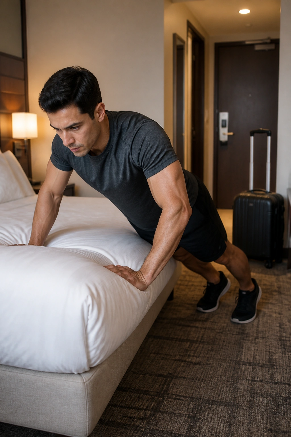 Person doing incline push-ups on hotel bed edge in a small hotel room