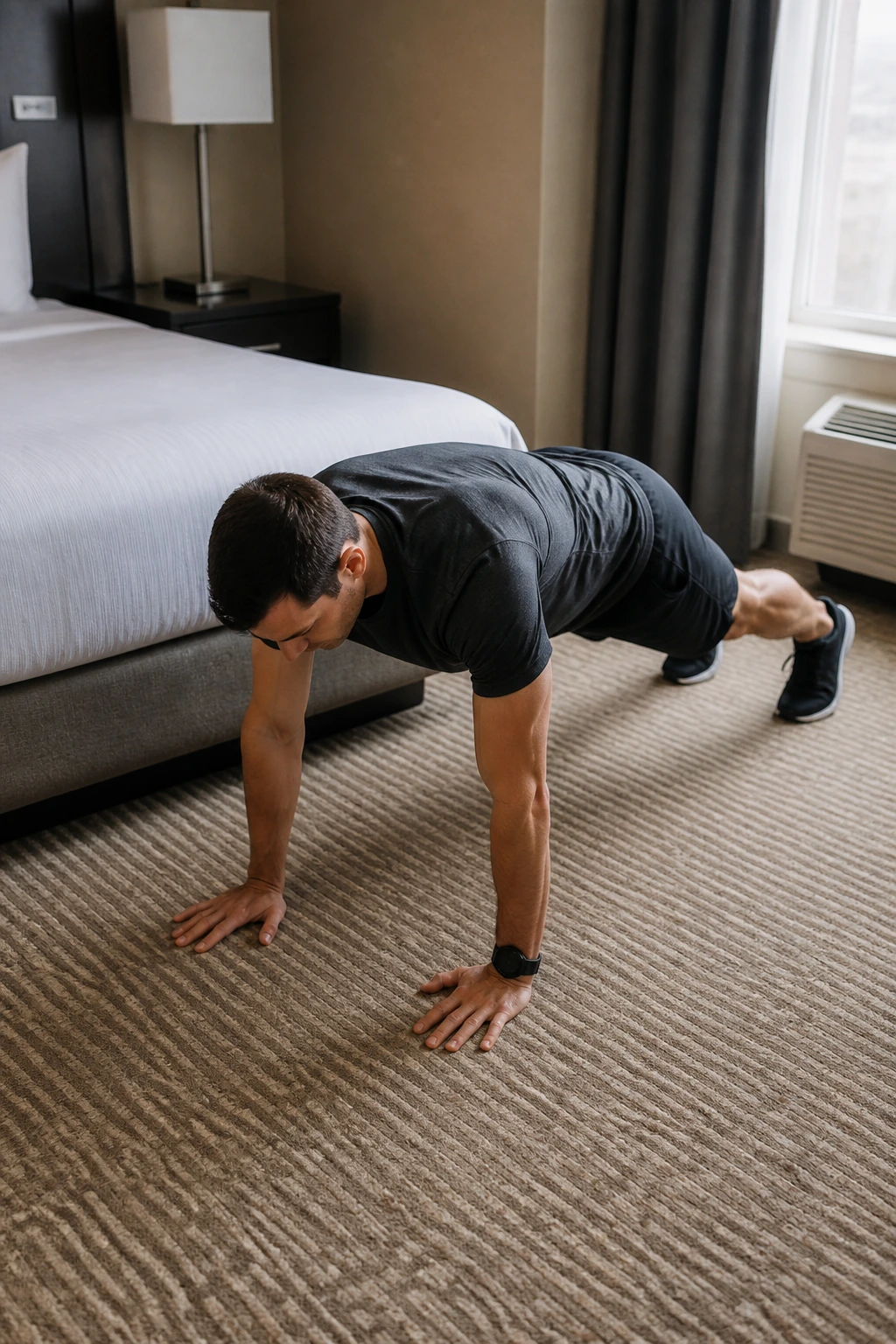 Inchworm to plank in hotel room for compact travel workout