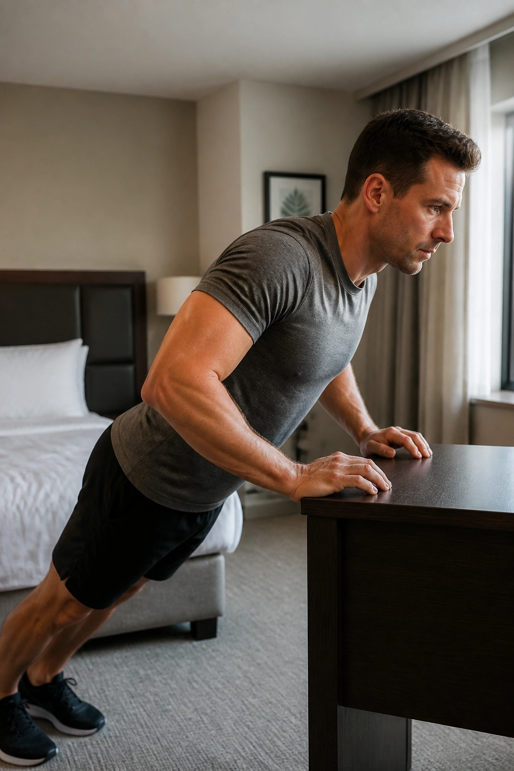 Real person performing incline push-ups on a desk edge in a hotel room, no equipment required.