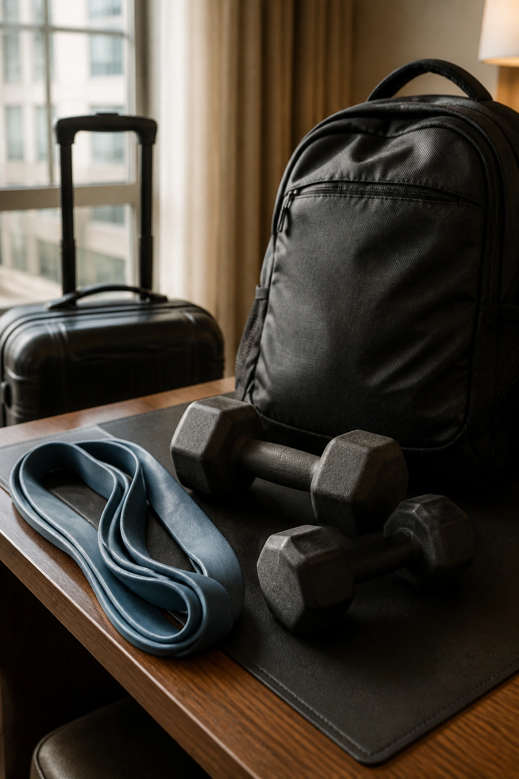 Close-up of a compact hotel-room workout kit with resistance band, dumbbells, and backpack in warm hotel room light