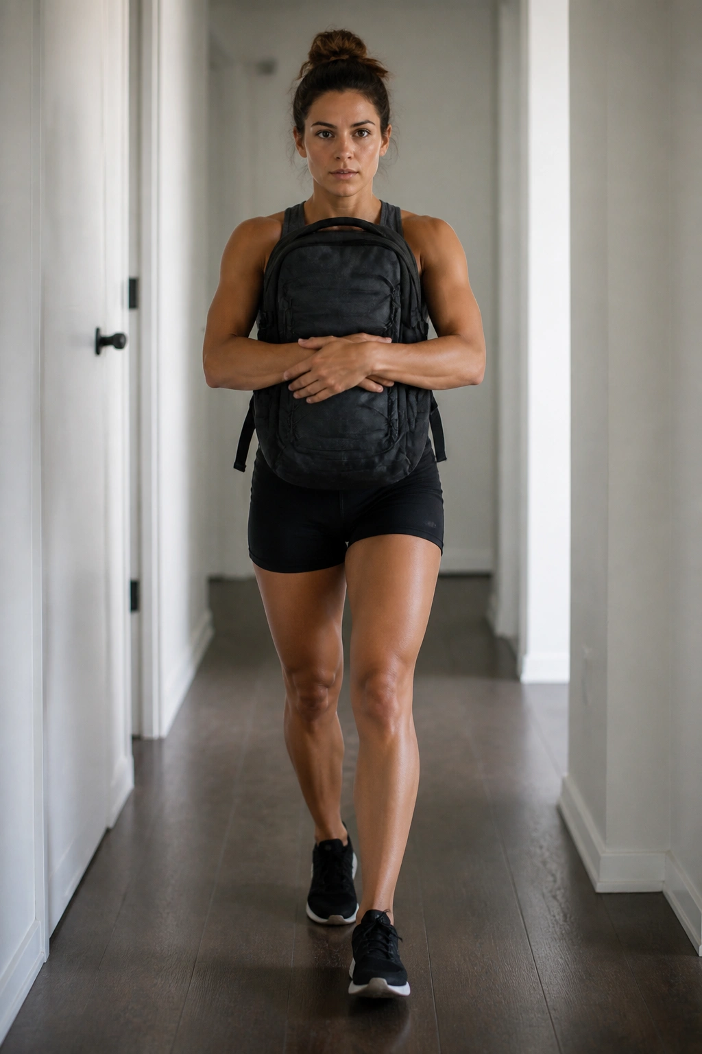 Person carrying a backpack through a hallway in a home