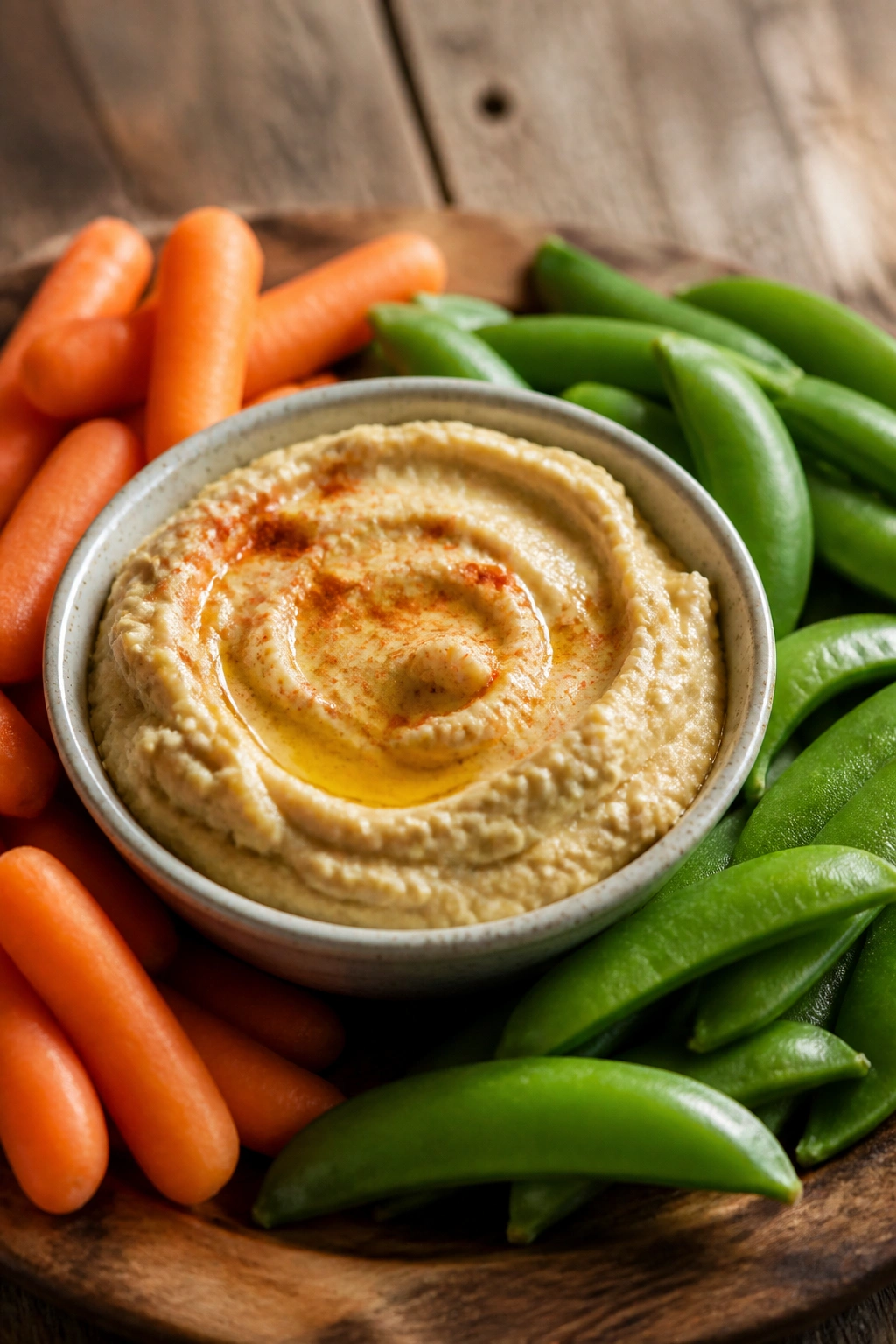 Thick hummus with carrot sticks and snap peas for dipping