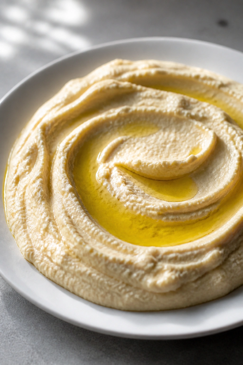 Close-up of a spoonful of hummus on a plate with olive oil drizzle