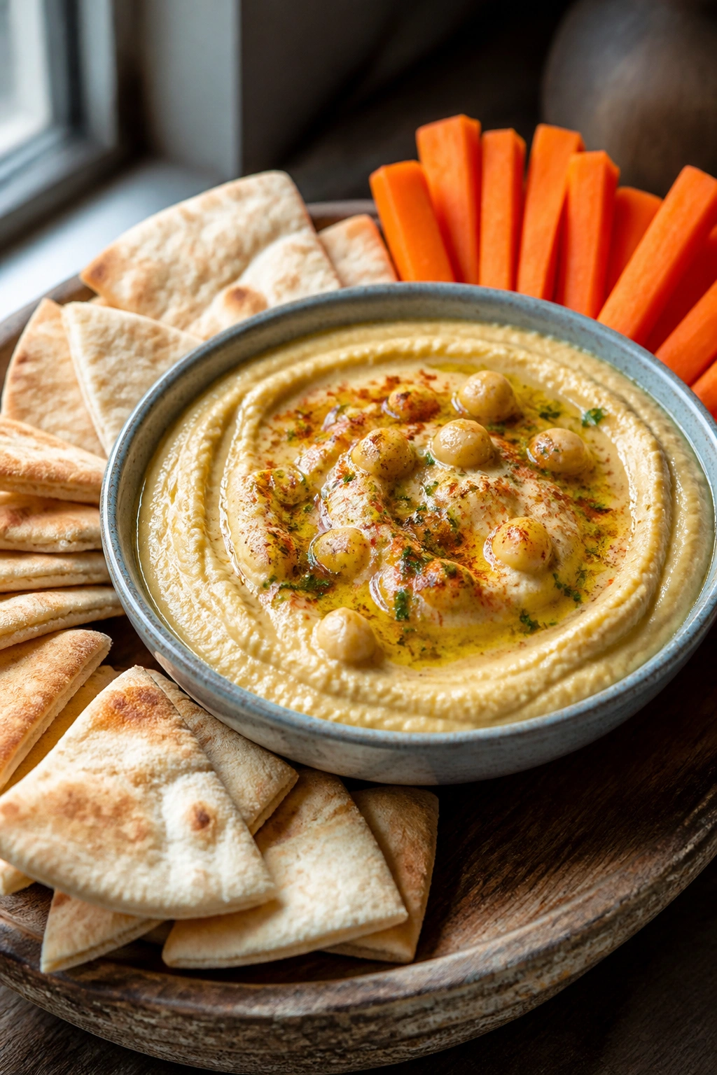 Close-up of creamy hummus with pita and carrot sticks on a wooden surface