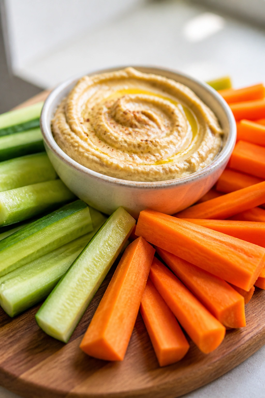 Close-up of hummus with carrot and cucumber sticks
