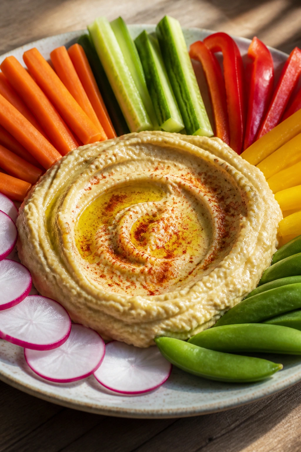 Plate of hummus with veggie slices on a wooden table