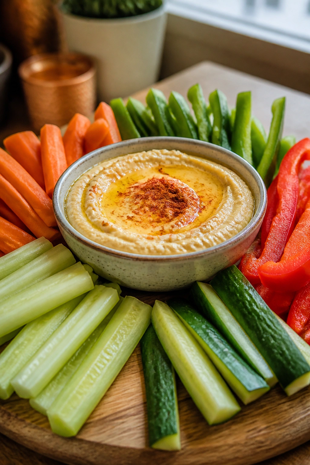 Hummus with veggie sticks on plate, fiber and protein dense snack