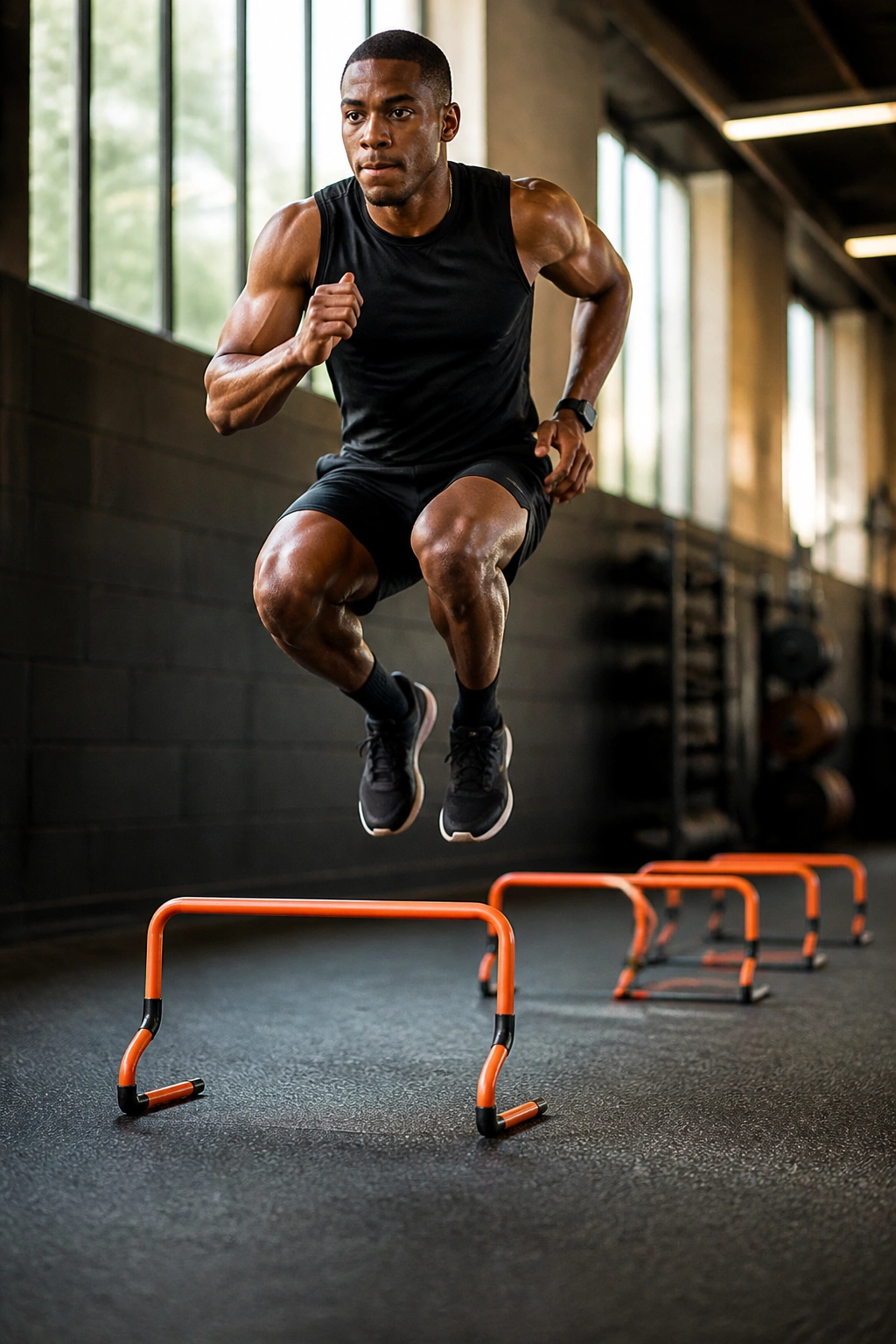 Athlete hopping over a low hurdle in a gym