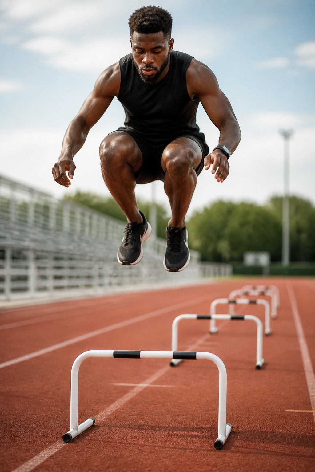 Real athlete performing hurdle hops over low hurdles on a track