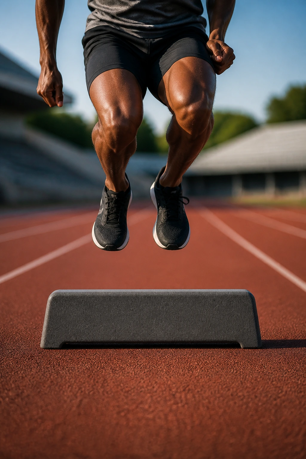 Close-up of a sprinter's legs hopping over a low hurdle on an outdoor track