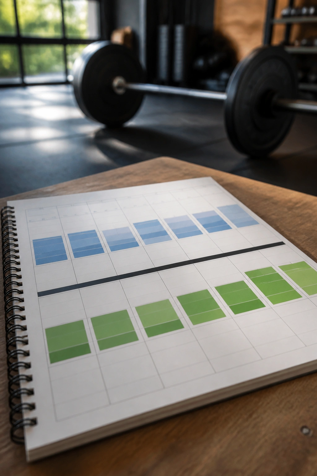 Dual-track calendar showing strength and endurance sessions on a desk
