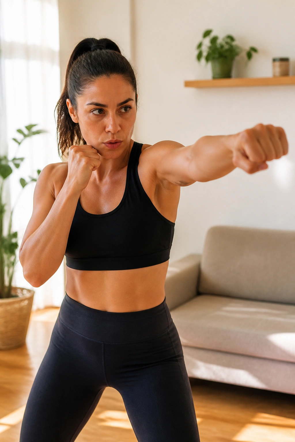 Person shadow boxing in a bright living room for weekly hybrid home program