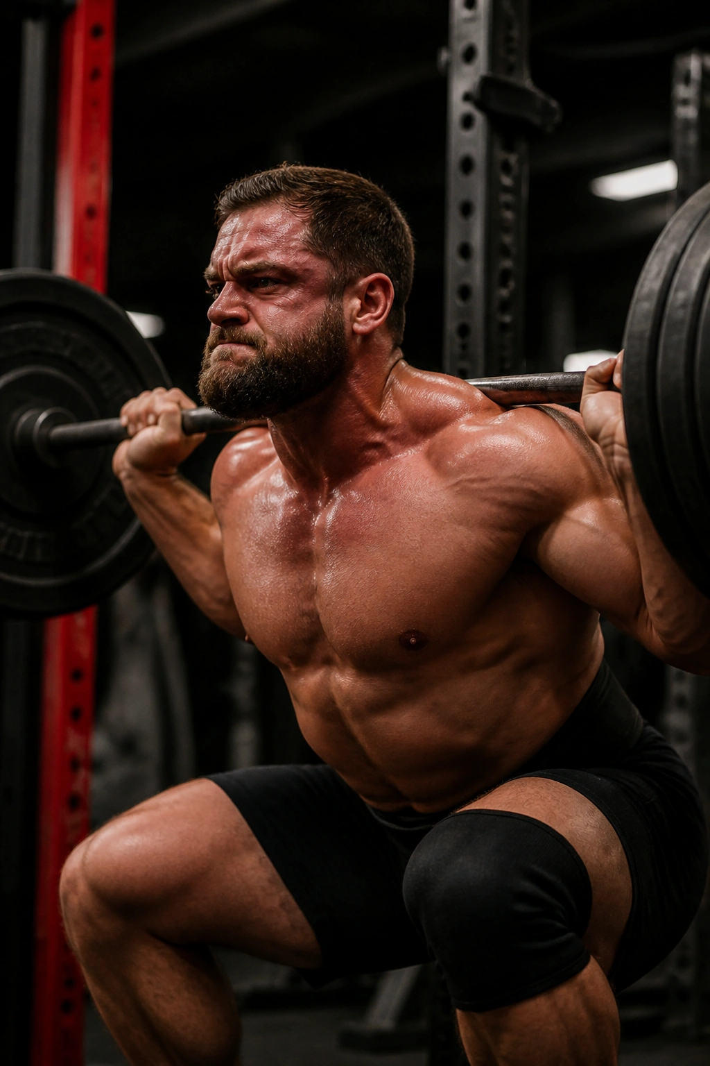 Medium close-up of a person performing a heavy barbell back squat in a gym