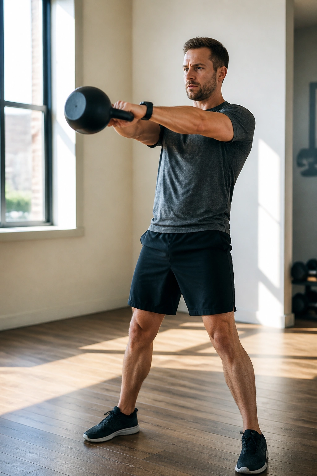 Real person performing kettlebell swing in bright gym.