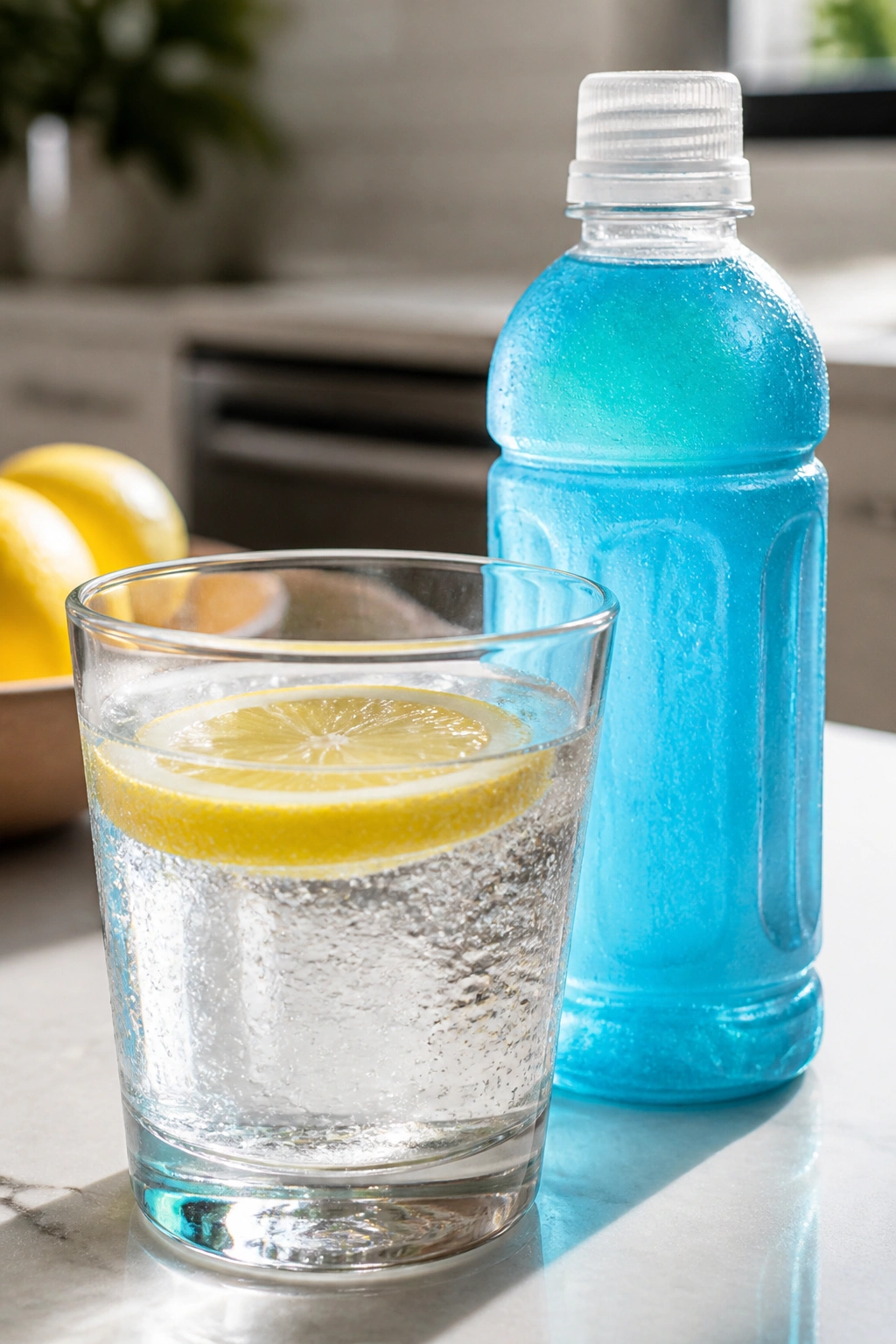 Glass of water with lemon and electrolyte bottle on kitchen counter