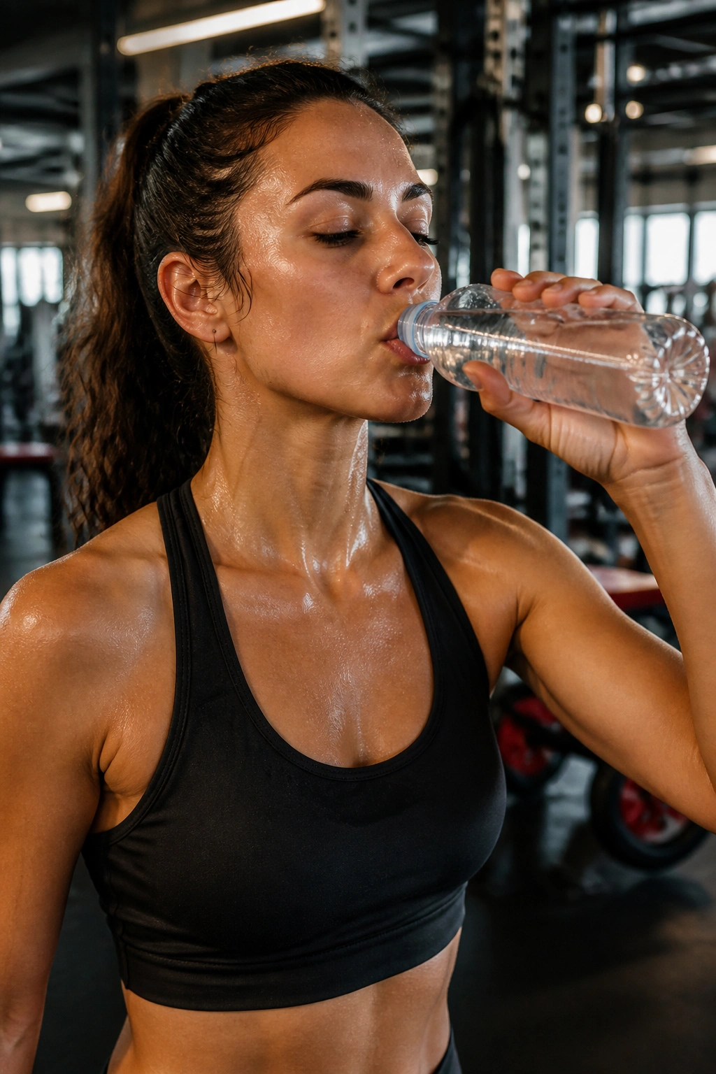 Medium shot of a person hydrating after a workout with sweat on the forehead